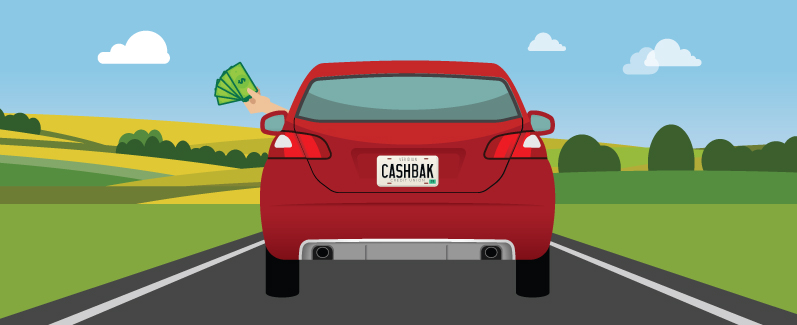 A car with a license plate that reads CASHBAK.