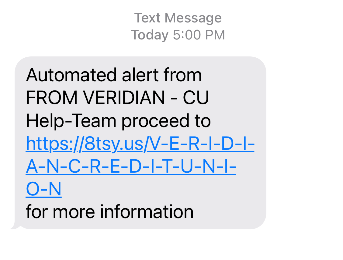 Image of a fraudulent text message that takes the recipient to a fake website to steal their information. 