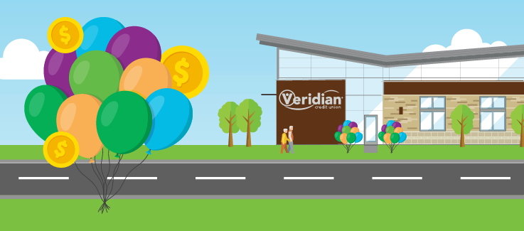 Veridian branch with celebration balloons.