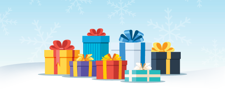 Illustration of gifts sitting in the snow. 