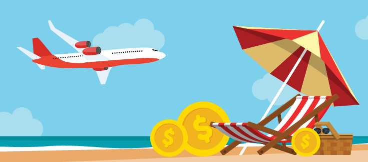 Illustration of an airplane flying over a beach.