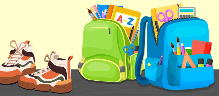 Illustration with new shoes and bags with school supplies.