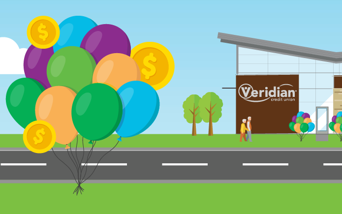 Veridian branch with celebration balloons.