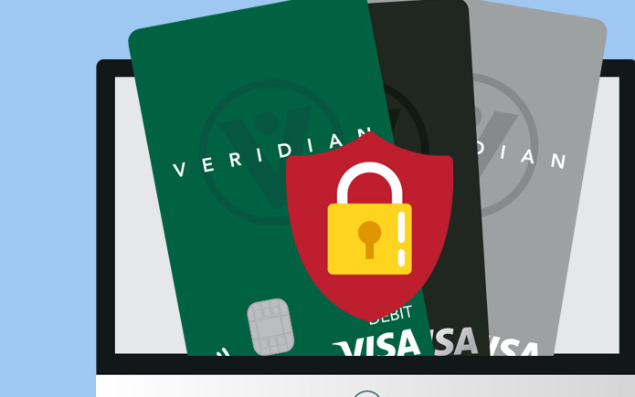 Illustration of Veridian credit and debit cards.