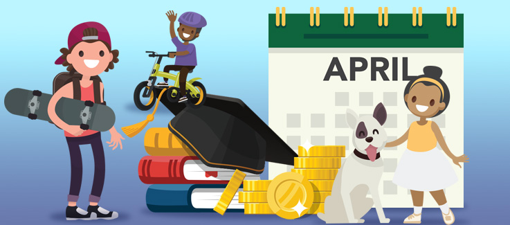Illustration of kids with money and a calendar in the background. 