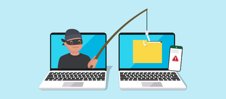 Illustration of a cyber criminal fishing files out of a computer.