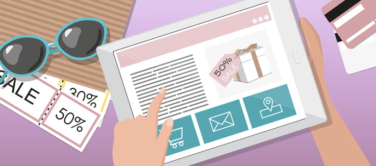 Illustration of online shopping on a handheld device.
