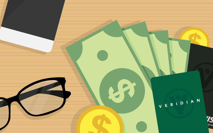 Illustration of cash and payment cards on a desk. 