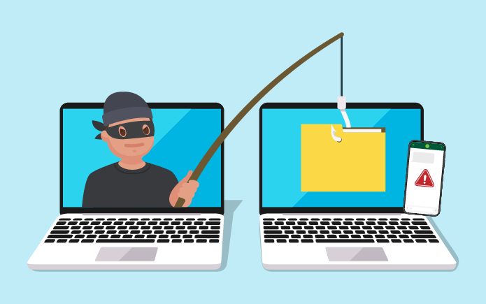 Illustration of a cyber criminal fishing files out of a computer. 