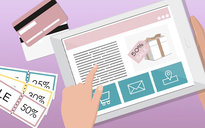 Illustration of online shopping on a handheld device.