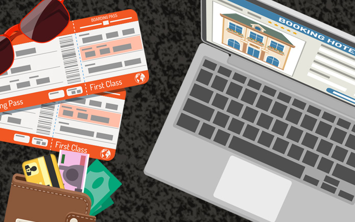 Illustration of travel tickets and a computer on a desk. 
