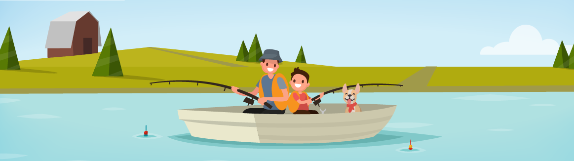 Illustration of a man, a child and dog fishing in a boat.
