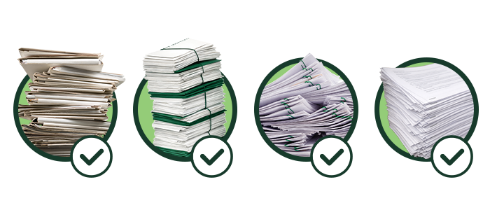 Items that can be shredded including folders, paper clips and staples