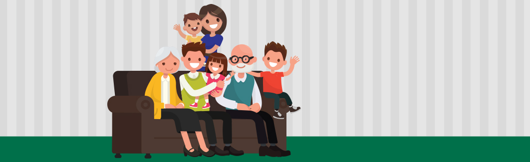 Illustration of 3 generations family on a couch
