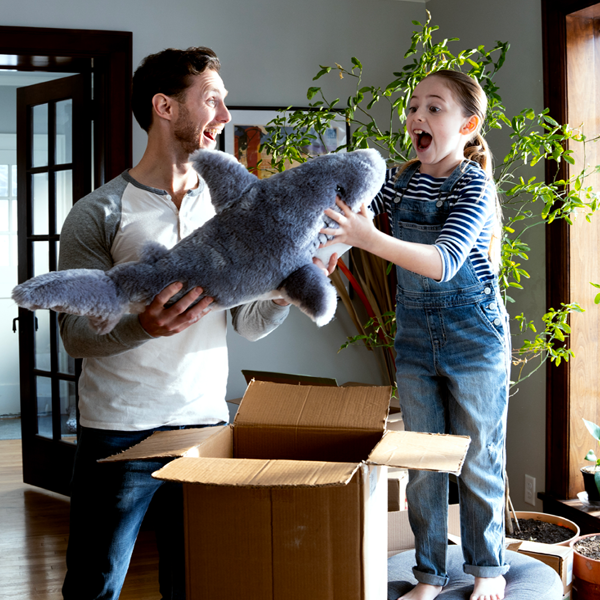 Boy playing airplane with his father on the floor